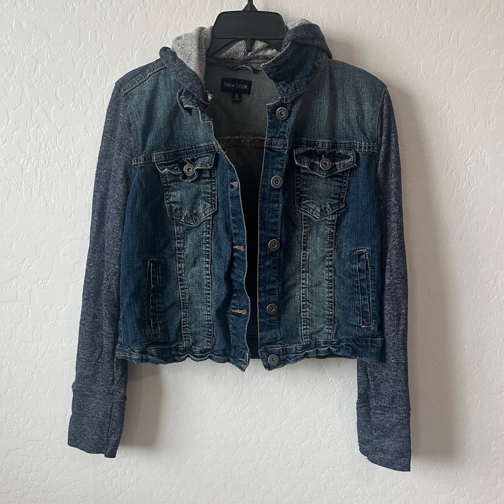 New look women’s Jean jacket XL denim blue‎ cotton utility biker classic hood